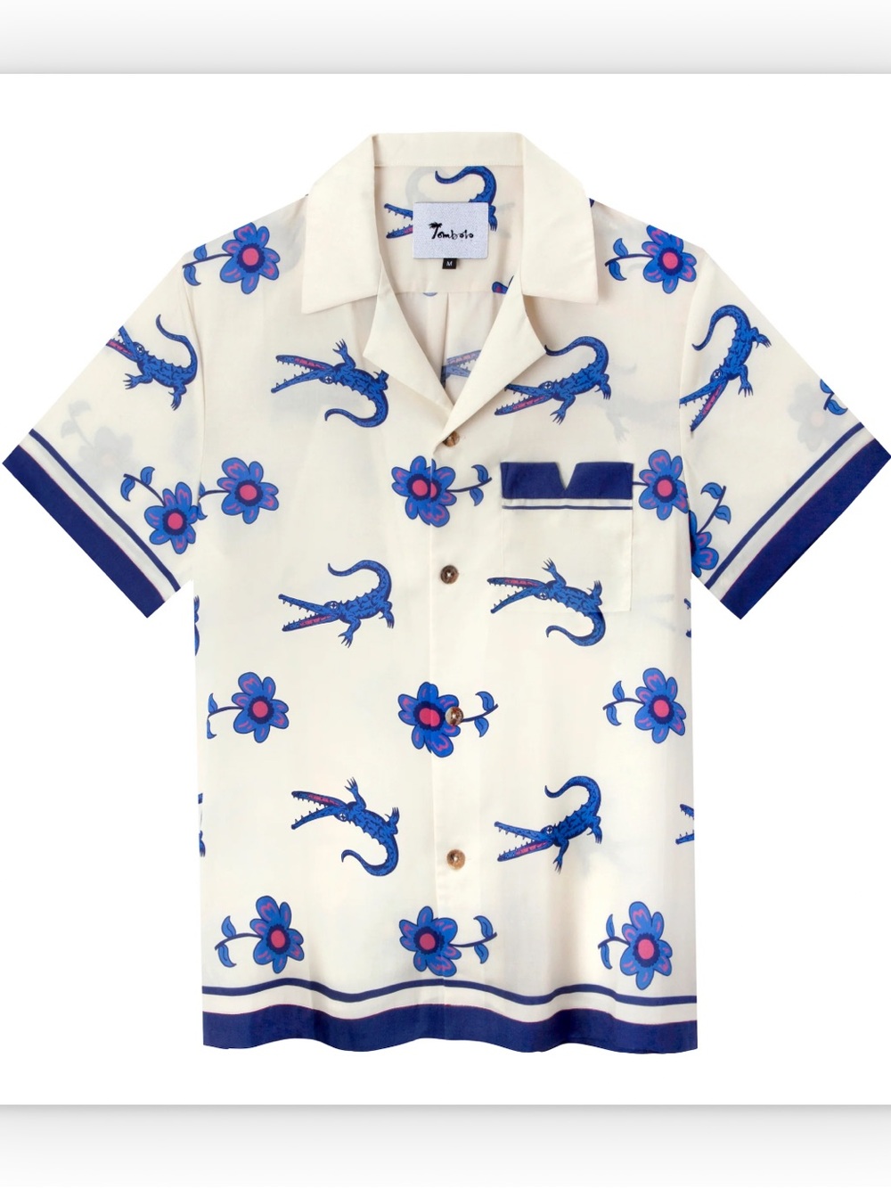 Unisex Tombolo Cream Short-Sleeve Camp Shirt with Blue Alligator & Floral Print